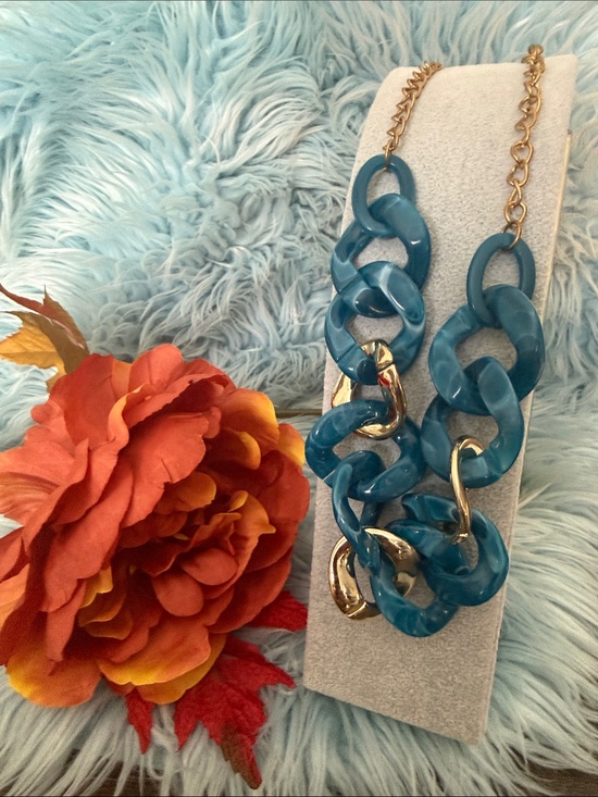 None Jewelry - Blue Link Statement Necklace with Gold Accents